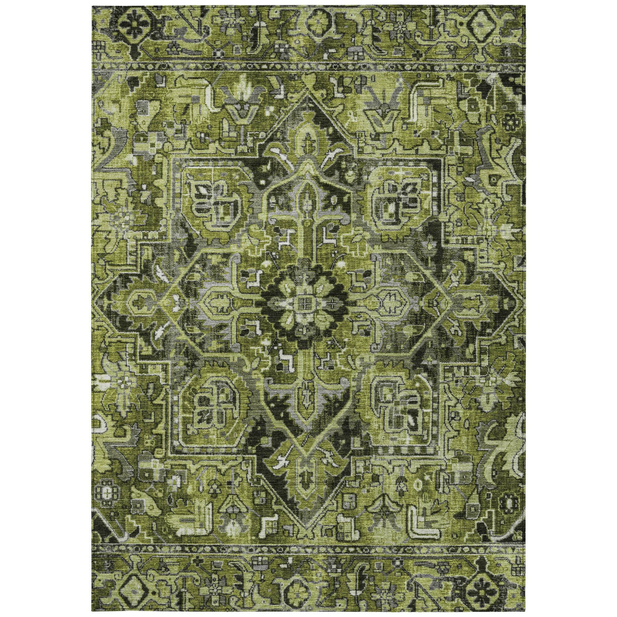 10' X 14' Olive Green and Dark Green Oriental Washable Non Skid Indoor Outdoor Area Rug