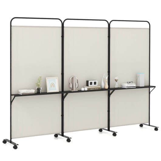 3-Panel Folding Room Divider with 3 Metal Shelves and Lockable Wheels-White - Color: Beige