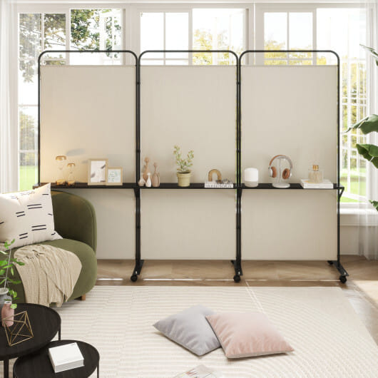 3-Panel Folding Room Divider with 3 Metal Shelves and Lockable Wheels-White - Color: Beige