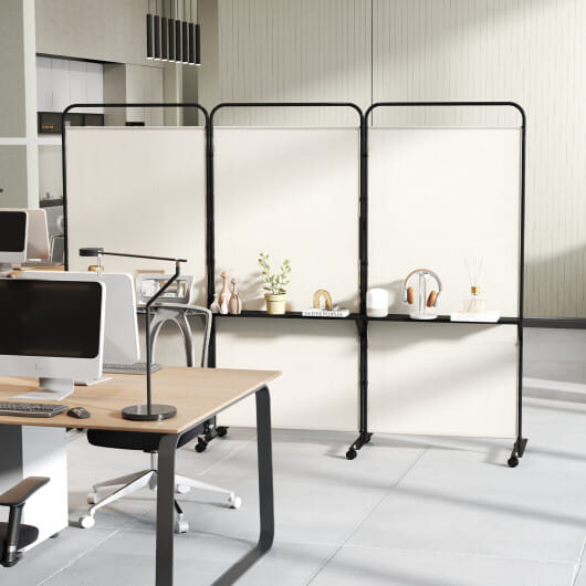 3-Panel Folding Room Divider with 3 Metal Shelves and Lockable Wheels-White - Color: Beige
