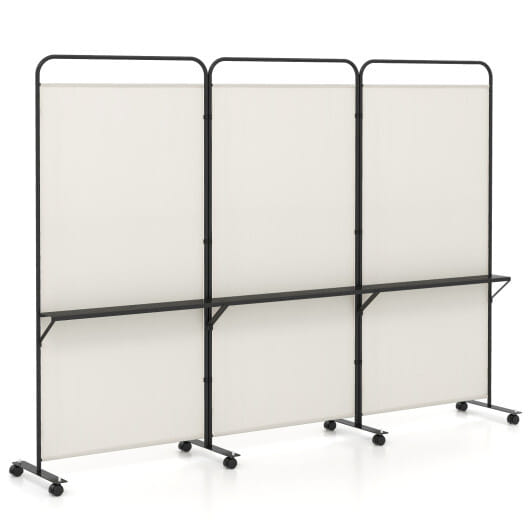 3-Panel Folding Room Divider with 3 Metal Shelves and Lockable Wheels-White - Color: Beige