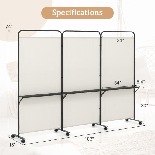 3-Panel Folding Room Divider with 3 Metal Shelves and Lockable Wheels-White - Color: Beige