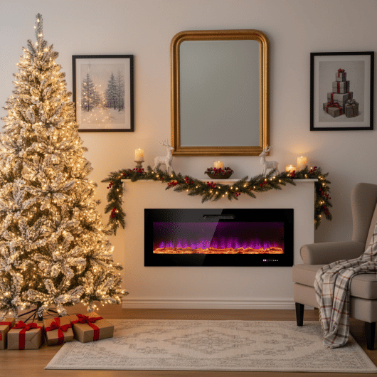 Ultimate Holiday Dcor Suite: Pre-Lit Snow Flocked Christmas Tree & 50" Recessed Electric Fireplace Set