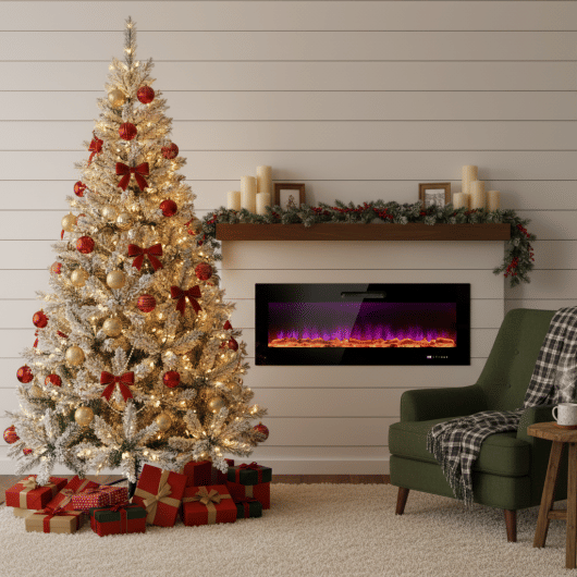 Ultimate Holiday Dcor Suite: Pre-Lit Snow Flocked Christmas Tree & 50" Recessed Electric Fireplace Set