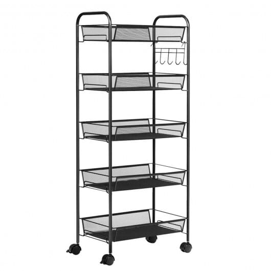 5 Tier Mesh Rolling File Utility Cart Storage Basket-Black - Color: Black