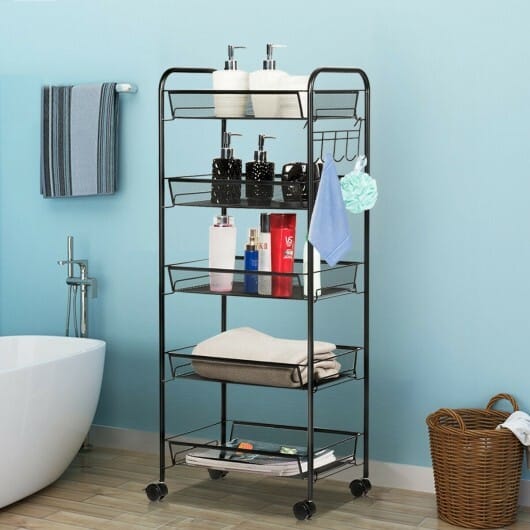 5 Tier Mesh Rolling File Utility Cart Storage Basket-Black - Color: Black