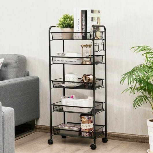 5 Tier Mesh Rolling File Utility Cart Storage Basket-Black - Color: Black