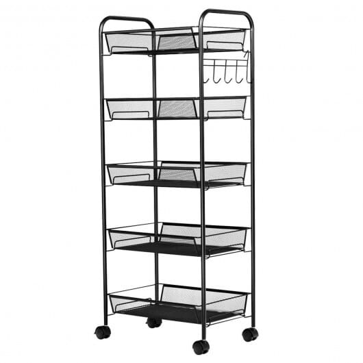 5 Tier Mesh Rolling File Utility Cart Storage Basket-Black - Color: Black