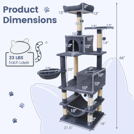66 Inch Tall Cat Tree Multi-Level Cat Tower with 2 Condos Sisal Scratching Posts-Dark Gray - Color: Dark Gray