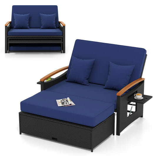 Outdoor Wicker Daybed with Folding Panels and Storage Ottoman-Dark Blue - Color: Dark Blue