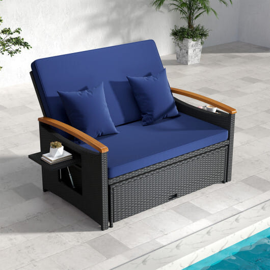 Outdoor Wicker Daybed with Folding Panels and Storage Ottoman-Dark Blue - Color: Dark Blue