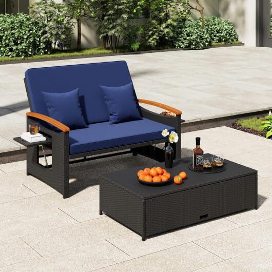 Outdoor Wicker Daybed with Folding Panels and Storage Ottoman-Dark Blue - Color: Dark Blue