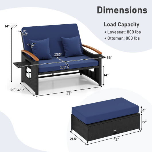Outdoor Wicker Daybed with Folding Panels and Storage Ottoman-Dark Blue - Color: Dark Blue