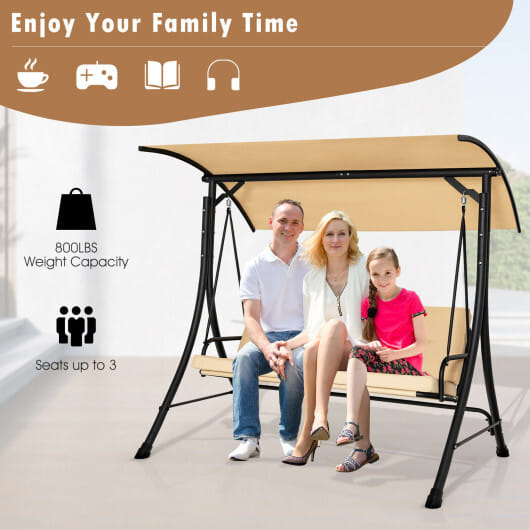 3-Seat Outdoor Porch Swing with Adjustable Canopy and Padded Cushions-Beige - Color: Beige
