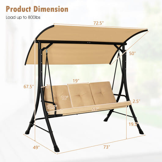3-Seat Outdoor Porch Swing with Adjustable Canopy and Padded Cushions-Beige - Color: Beige