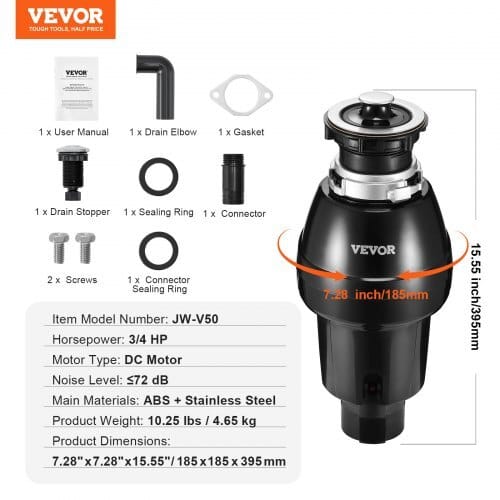 Garbage Disposal, 3/4HP 3250RPM Continuous Feed Food Waste Disposer, EZ Connect Food Waste Grinding System with Sound Reduction, Power Cord & Splash Guard for Kitchen Sinks