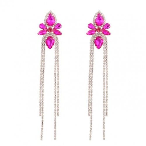 Shining Rhinestone Flower Long Tassel Banquet Wholesale Evening Earrings - Rose
