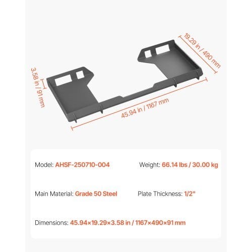 1/2 in Skid Steer Mount Plate, Universal Quick Attach Mount Plate, Cut Out Design, Easy to Bolt, 6000lbs Capacity, Heavy Duty Loader Plates Compatible with Kubota Bobcat Skid Steers & Tractors