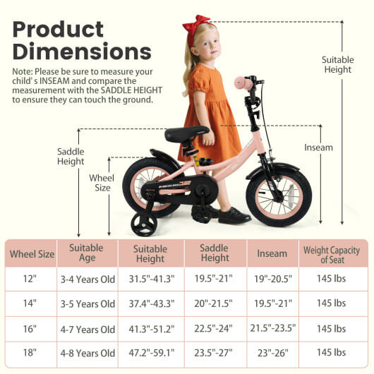 12 Inch Kids Bike Adjustable with Removable Training Wheels Pink for 3-8 Years Old - Color: Pink - Size: 12 inches