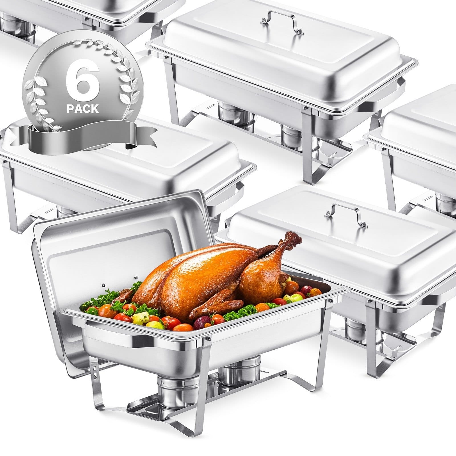Chafing Dish Buffet Set, 8 Qt 6 Pack, Stainless Steel Chafer with 6 Full Size Pans, Rectangle Catering Warmer Server with Lid Water Pan Stand Fuel Holder, for Weddings Parties Banquets, Silver