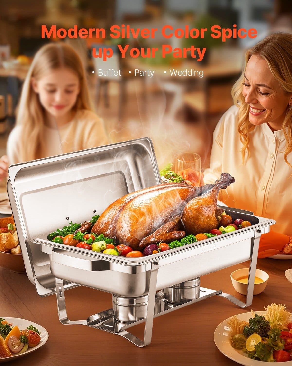 Chafing Dish Buffet Set, 8 Qt 6 Pack, Stainless Steel Chafer with 6 Full Size Pans, Rectangle Catering Warmer Server with Lid Water Pan Stand Fuel Holder, for Weddings Parties Banquets, Silver