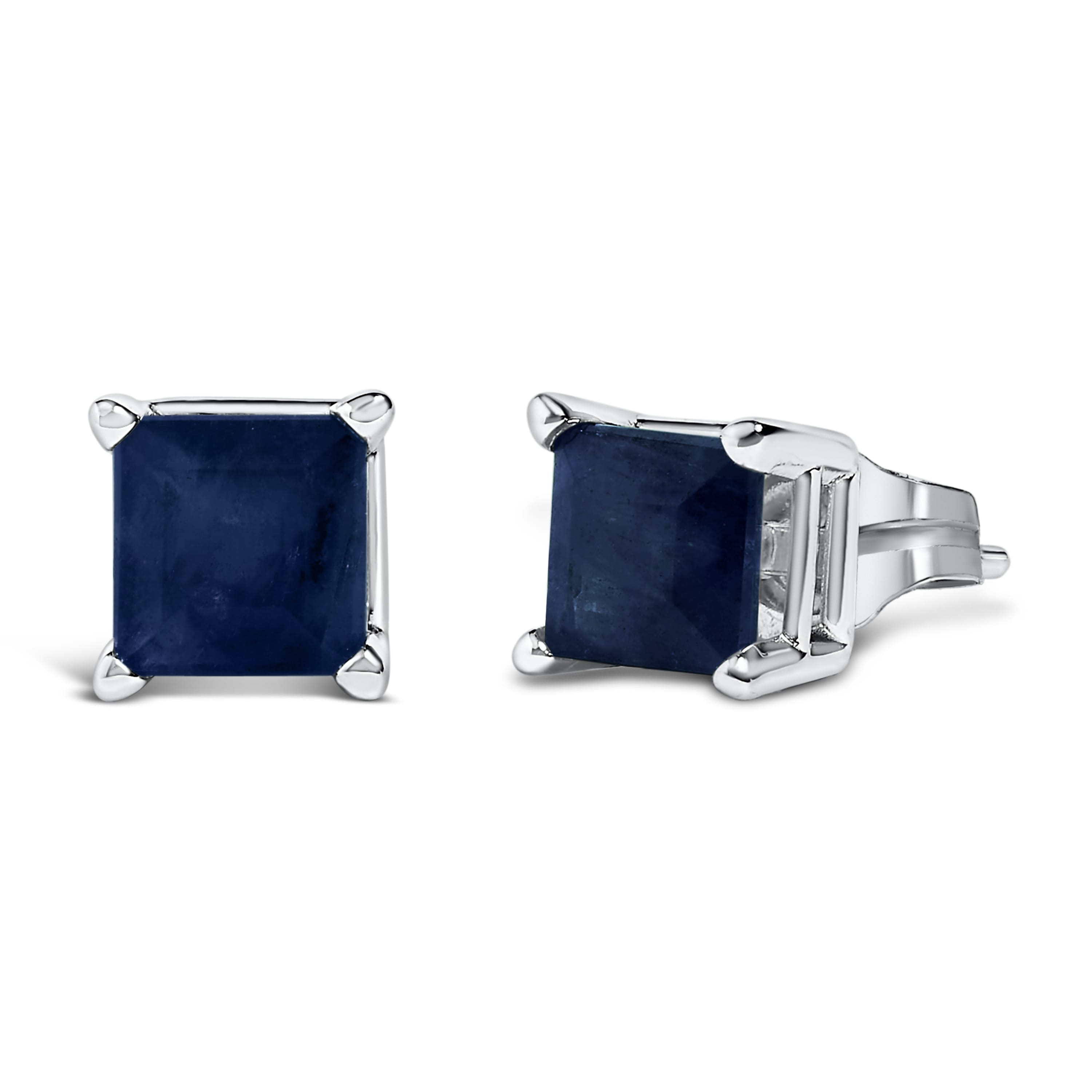 14K White Gold 5x5MM Princess Cut Blue Sapphire Solitaire Stud Earrings