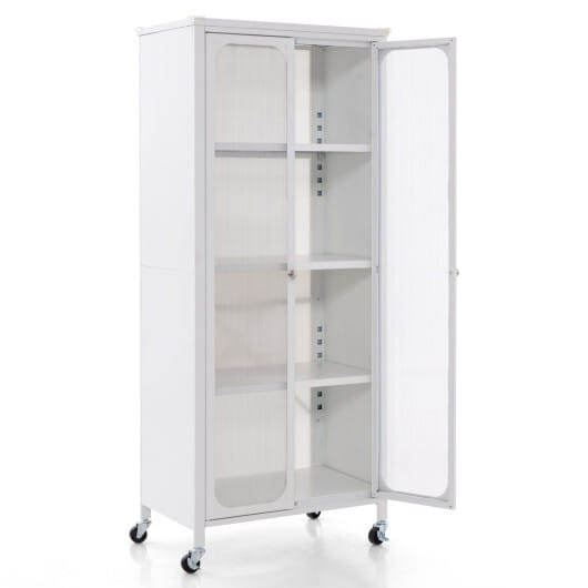 Costway Glass Doors Storage Cabinet with Wheels and Adjustable Shelves-White - Color: White