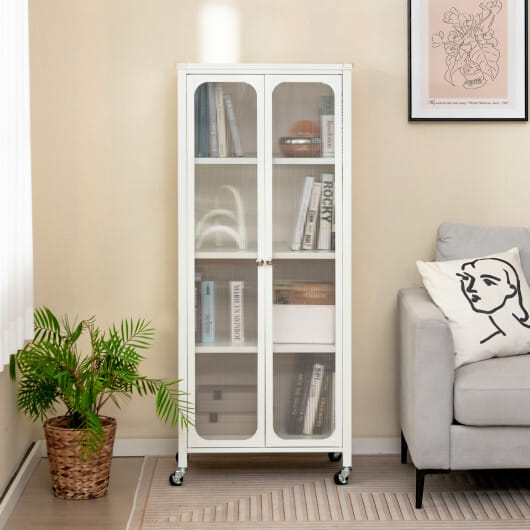 Costway Glass Doors Storage Cabinet with Wheels and Adjustable Shelves-White - Color: White