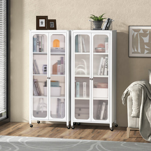 Costway Glass Doors Storage Cabinet with Wheels and Adjustable Shelves-White - Color: White