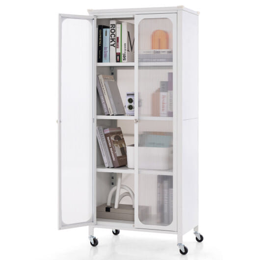 Costway Glass Doors Storage Cabinet with Wheels and Adjustable Shelves-White - Color: White
