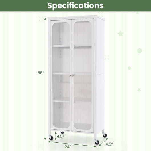 Costway Glass Doors Storage Cabinet with Wheels and Adjustable Shelves-White - Color: White