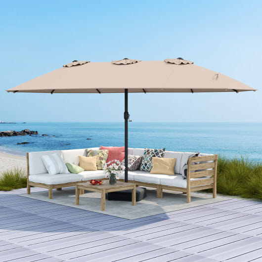 Costway 15 Feet Double-Sided Twin Patio Umbrella with Crank and Base-Brown - Color: Brown - Size: 15 ft