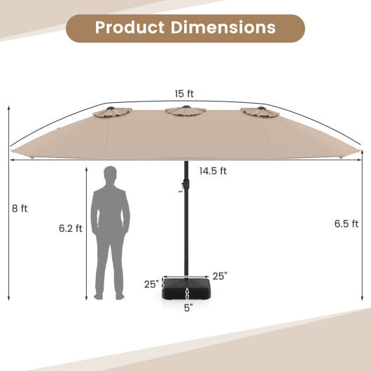 Costway 15 Feet Double-Sided Twin Patio Umbrella with Crank and Base-Brown - Color: Brown - Size: 15 ft