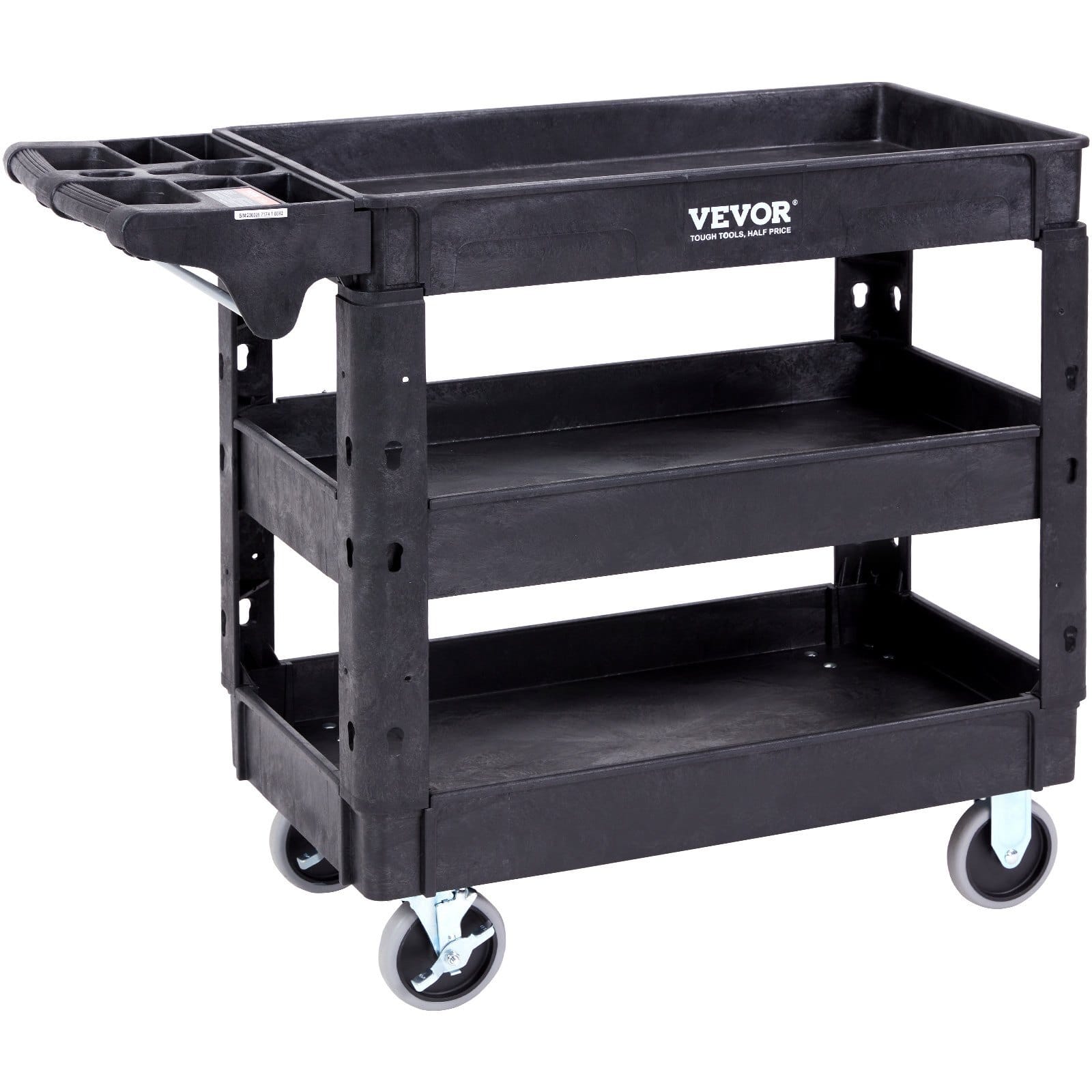 Utility Service Cart, 550 LBS Laod Capacity, 3 Shelf Heavy Duty Plastic Rolling Utility Cart with 360?° Swivel Wheels (2 with Brakes), Ergonomic Storage Handle for Warehouse/Garage/Cleaning