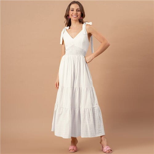 Summer Bow-knot Shoulder Strap Solid Color French Style Romantic Jacquard Dress - White