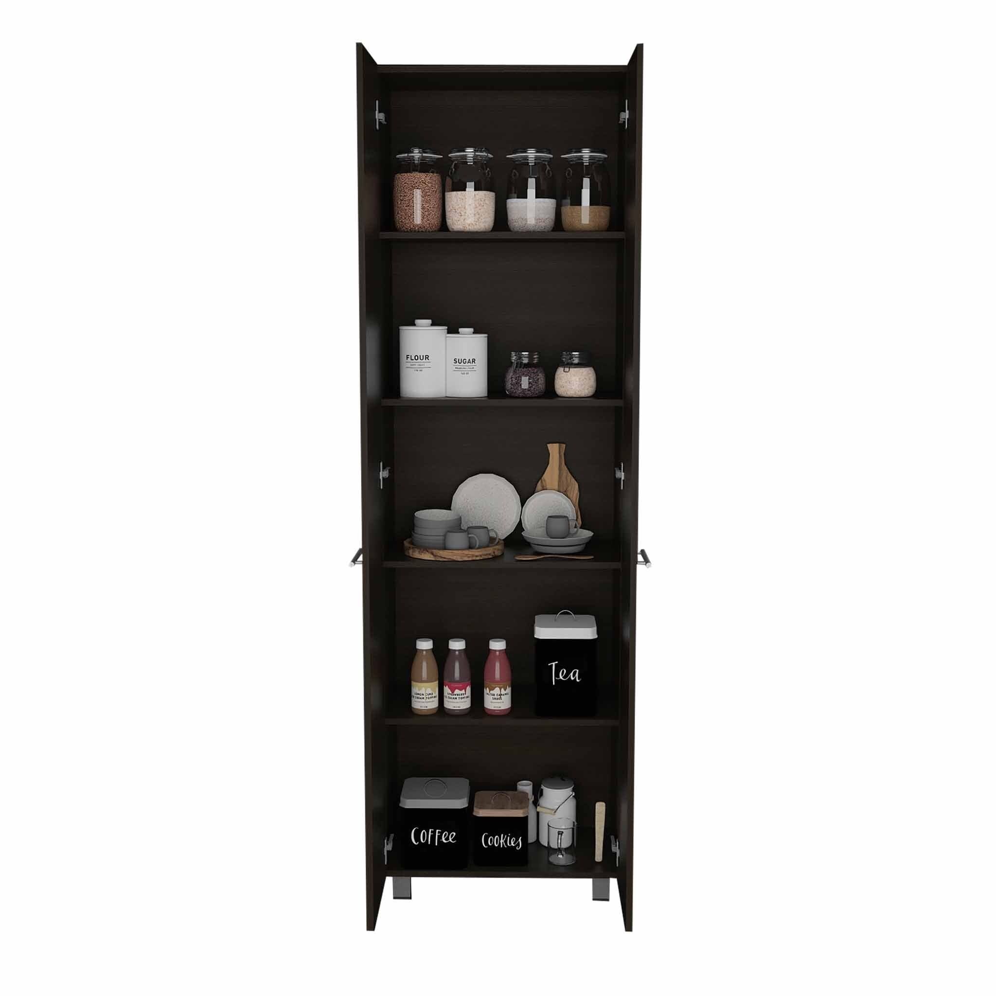 79" Modern Black Pantry Cabinet with Two Doors and Five Shelves