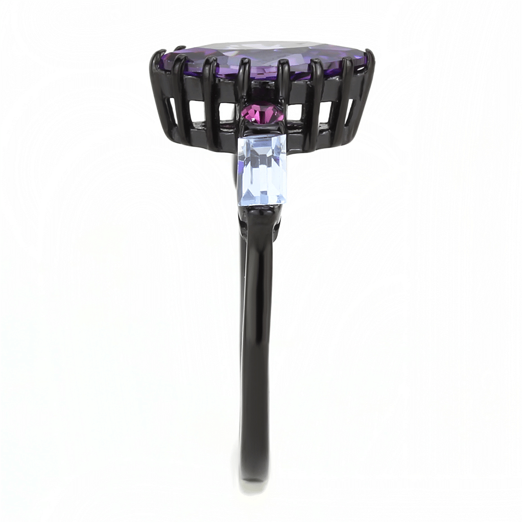 TK3456 - IP Black(Ion Plating) Stainless Steel Ring with AAA Grade CZ in Amethyst