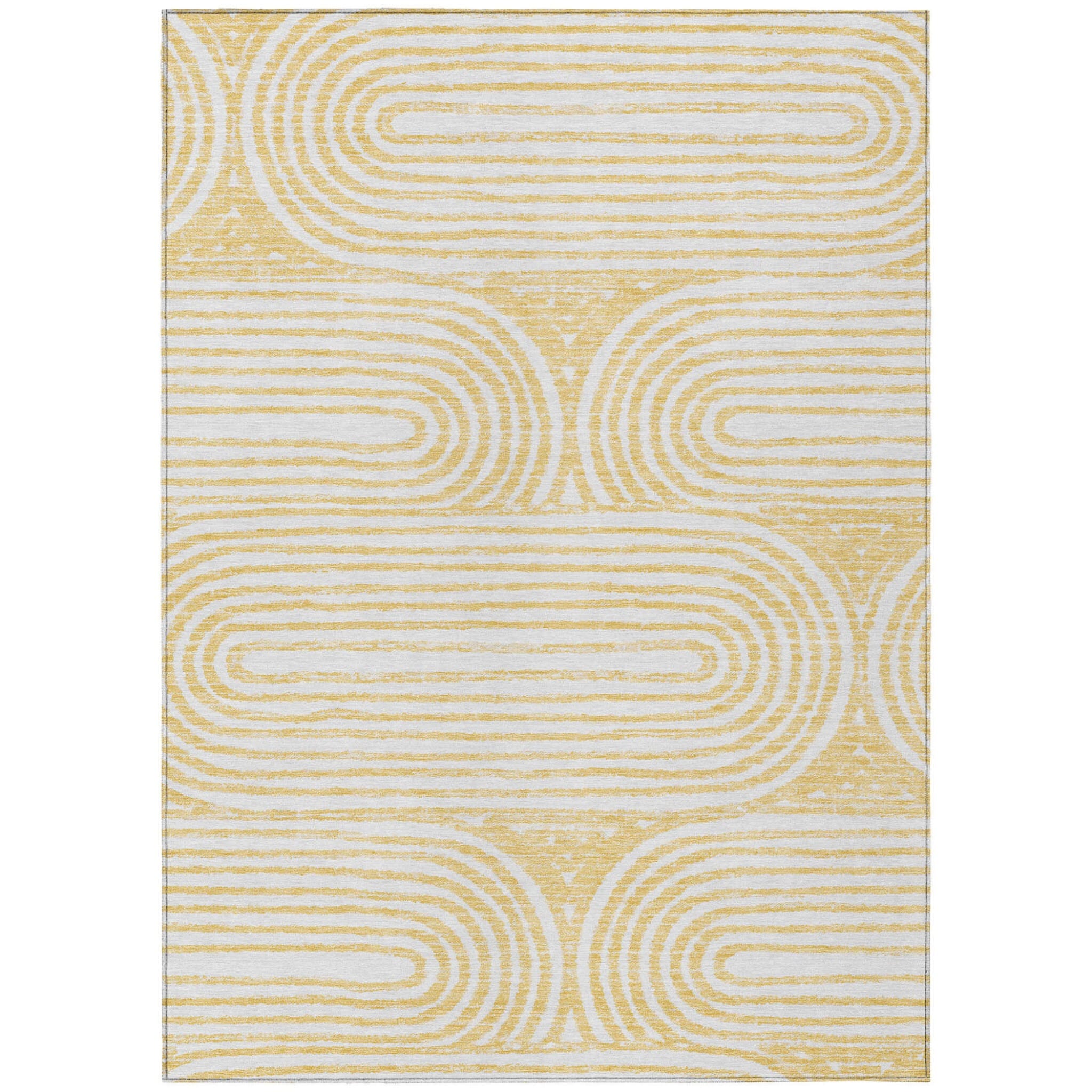 9' X 12' Gold and White Abstract Washable Non Skid Indoor Outdoor Area Rug