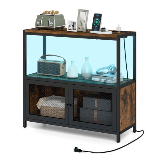 Industrial Coffee Bar Cabinet with LED Lights and Charging Station-Rustic Brown - Color: Rustic Brown