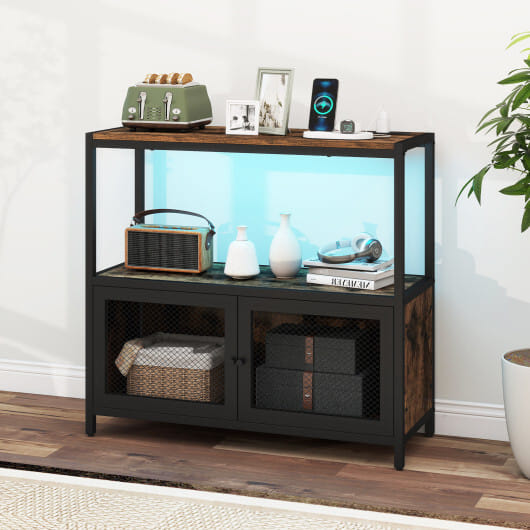 Industrial Coffee Bar Cabinet with LED Lights and Charging Station-Rustic Brown - Color: Rustic Brown