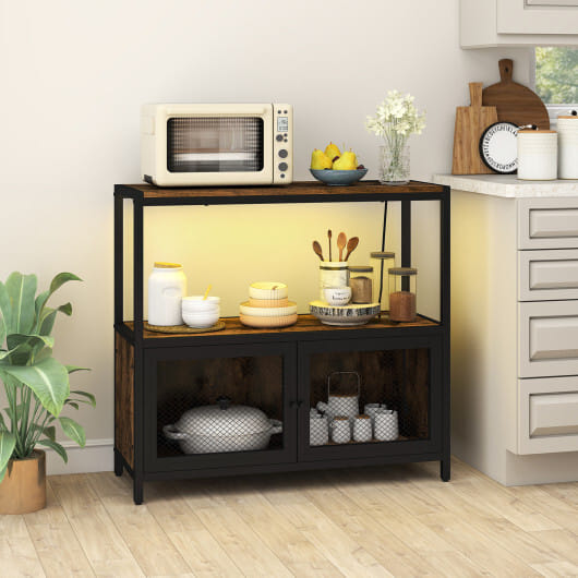 Industrial Coffee Bar Cabinet with LED Lights and Charging Station-Rustic Brown - Color: Rustic Brown
