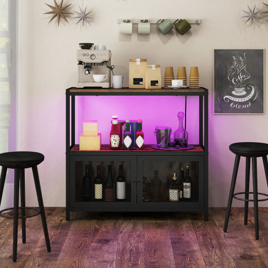 Industrial Coffee Bar Cabinet with LED Lights and Charging Station-Rustic Brown - Color: Rustic Brown