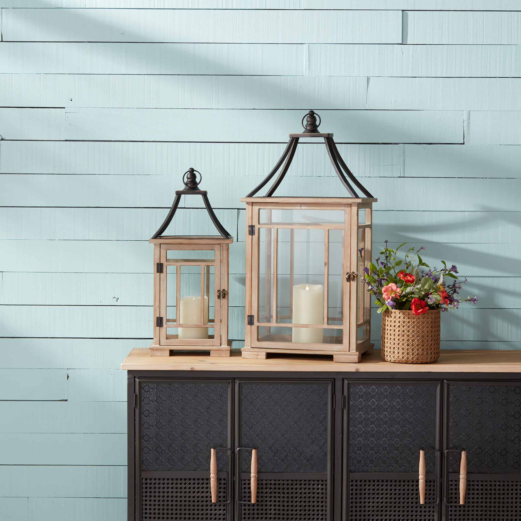Set of Two Brown and Black Wood and Metal Geometric Tabletop Lantern Candle Holders