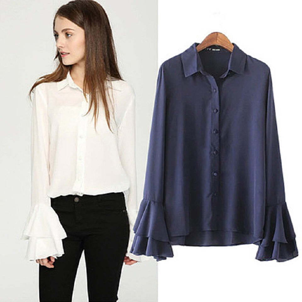 Size: X-Large,Color: Club Blue - LaBella Chiffon Bell Sleeves Shirt