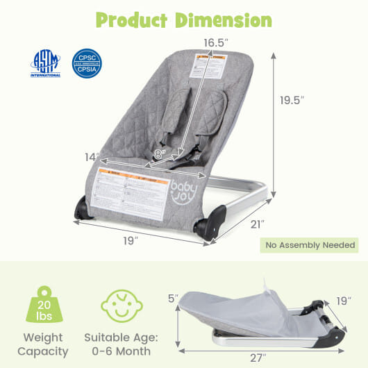 Baby Bouncer Seat with Aluminum and Metal Frame-Light Gray - Color: Light Gray