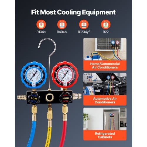 AC Manifold Gauge Set for R134a R404A R1234yf R22 Refrigerant, 3 Way AC Gauge with 5 ft Hoses, Adapters, Quick Couplers, Can Taps for Automotive Air Conditioning Maintenance, Charging Evacuation