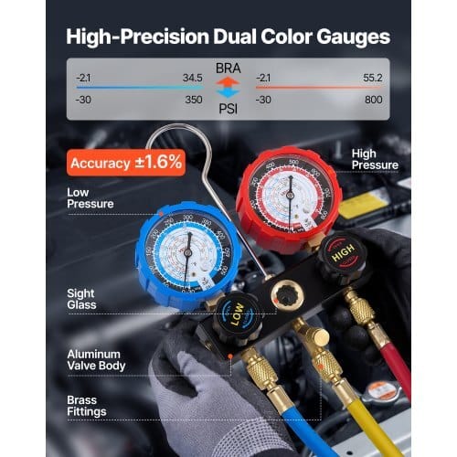 AC Manifold Gauge Set for R134a R404A R1234yf R22 Refrigerant, 3 Way AC Gauge with 5 ft Hoses, Adapters, Quick Couplers, Can Taps for Automotive Air Conditioning Maintenance, Charging Evacuation