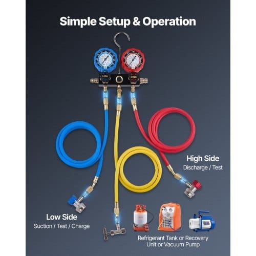 AC Manifold Gauge Set for R134a R404A R1234yf R22 Refrigerant, 3 Way AC Gauge with 5 ft Hoses, Adapters, Quick Couplers, Can Taps for Automotive Air Conditioning Maintenance, Charging Evacuation