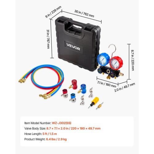 AC Manifold Gauge Set for R134a R404A R1234yf R22 Refrigerant, 3 Way AC Gauge with 5 ft Hoses, Adapters, Quick Couplers, Can Taps for Automotive Air Conditioning Maintenance, Charging Evacuation