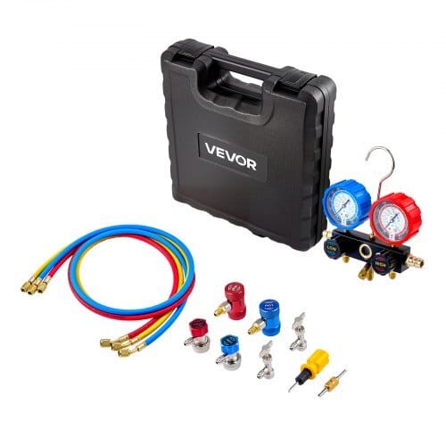 AC Manifold Gauge Set for R134a R404A R1234yf R22 Refrigerant, 3 Way AC Gauge with 5 ft Hoses, Adapters, Quick Couplers, Can Taps for Automotive Air Conditioning Maintenance, Charging Evacuation